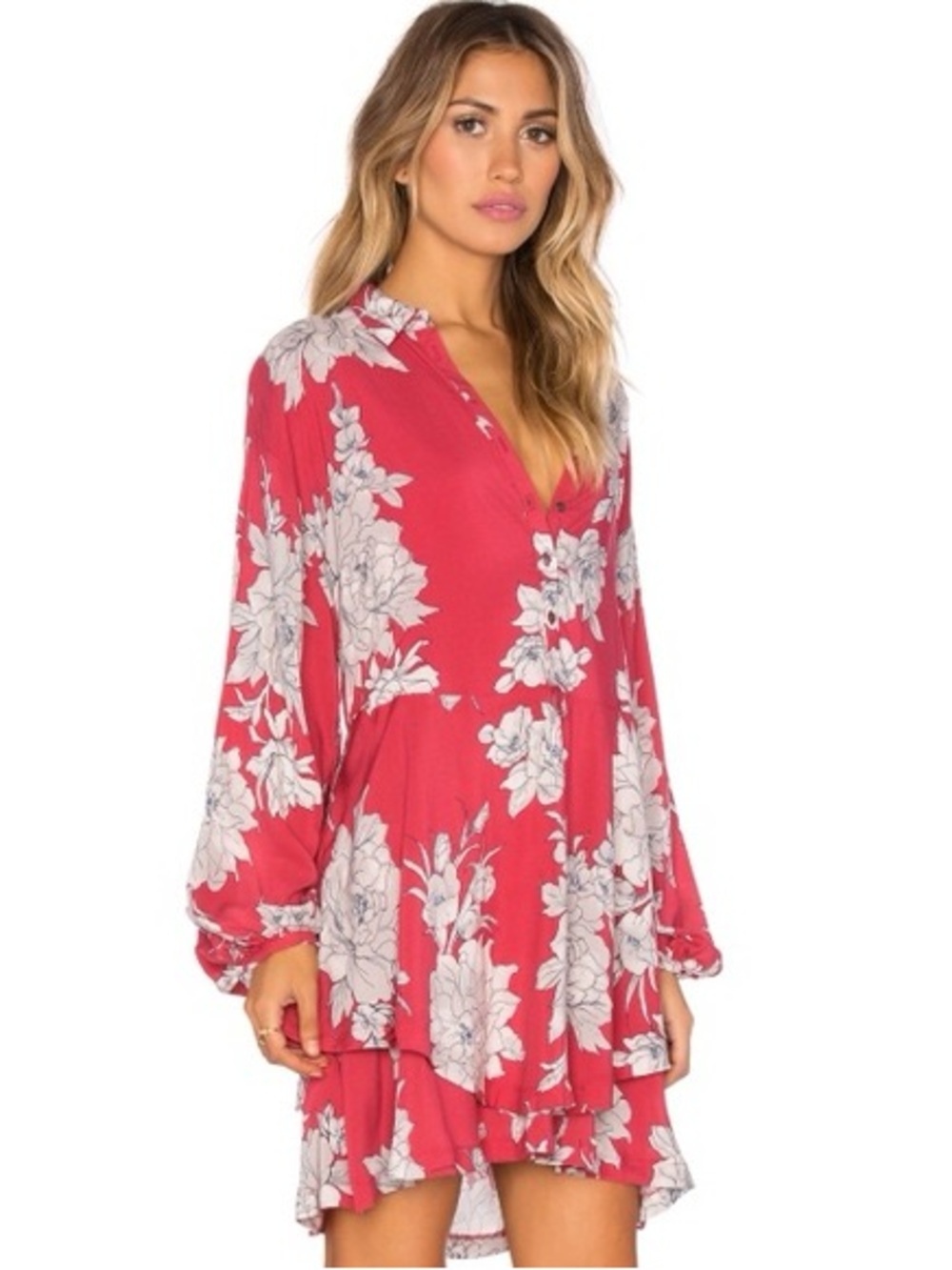 Free People Womens Small Shake It Pockets Red Floral Mini Tunic Dress Boho